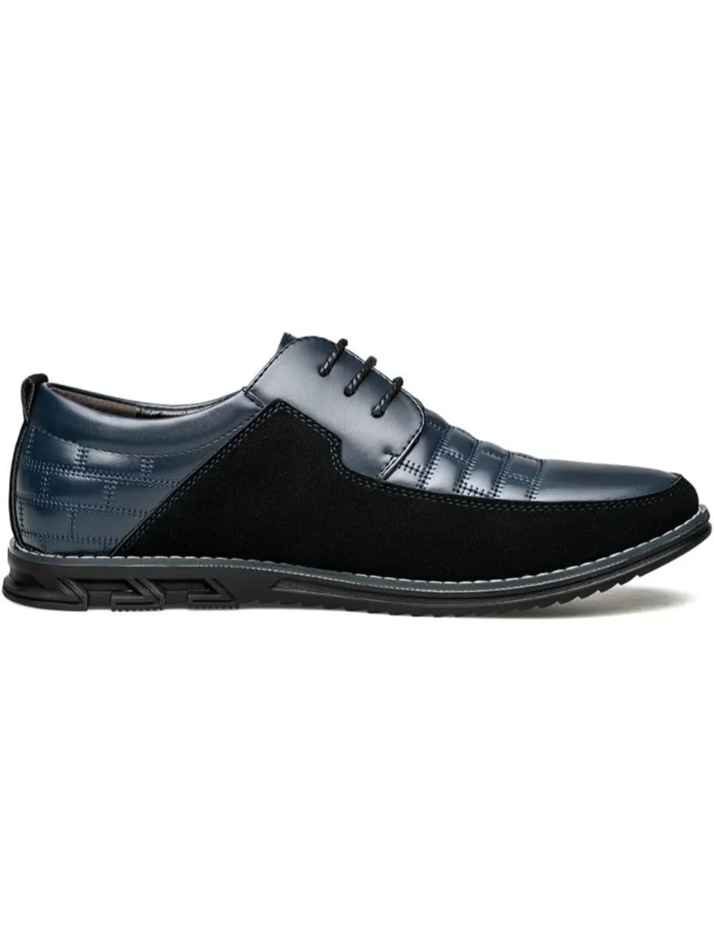 Men's Blue Plaid Embossed Grid Leather Comfortable Hybrid Oxford Dress Sneakers